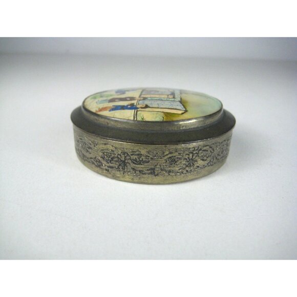Vintage Hand Painted Asian Trinket Box Mirror Top Mother Of Pearl Silver Plated - Picture 6 of 15